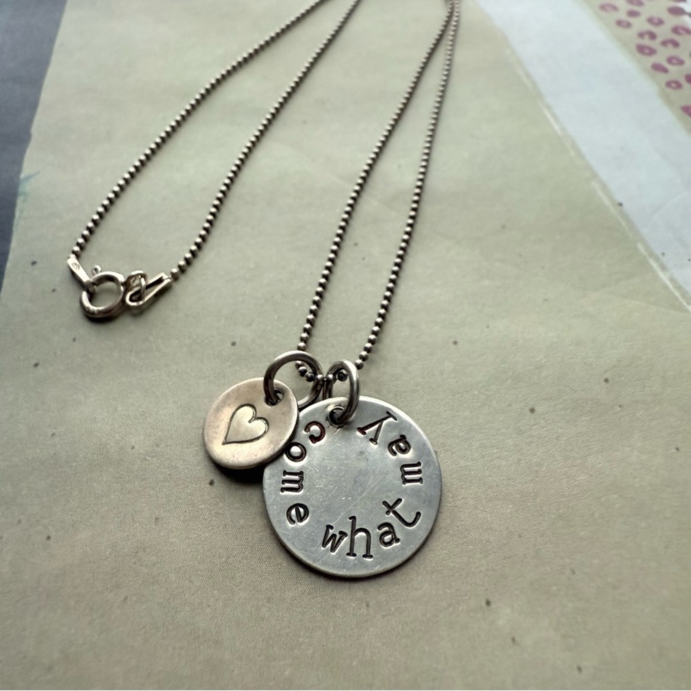 Sterling 16” Charm Ball Chain necklace “Come What May” Pendant + Heart Charm